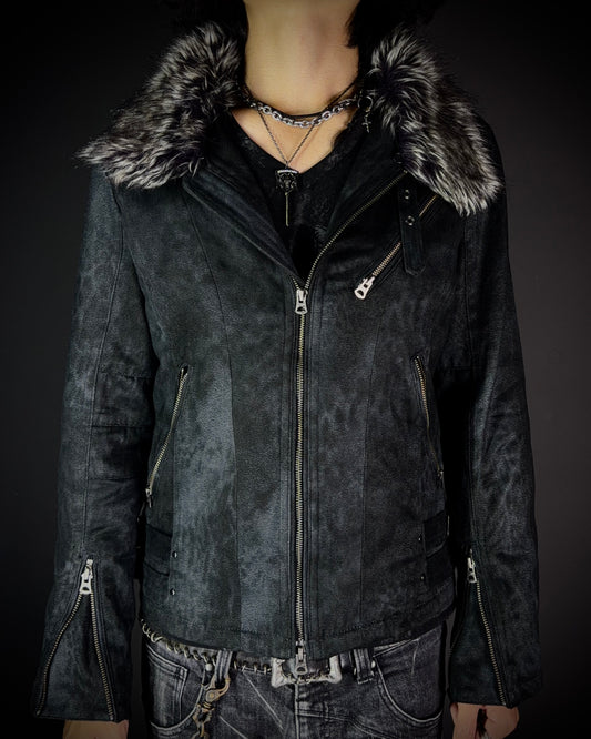 Tornado Mart Leopard Washed Black Suede Faux Fur Jacket
