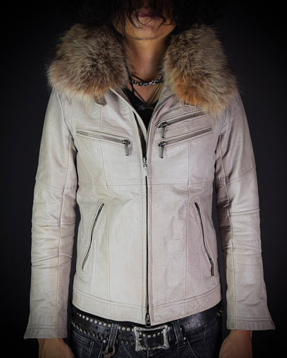 Tornado Mart Beige Cow Leather Real Fur Jacket