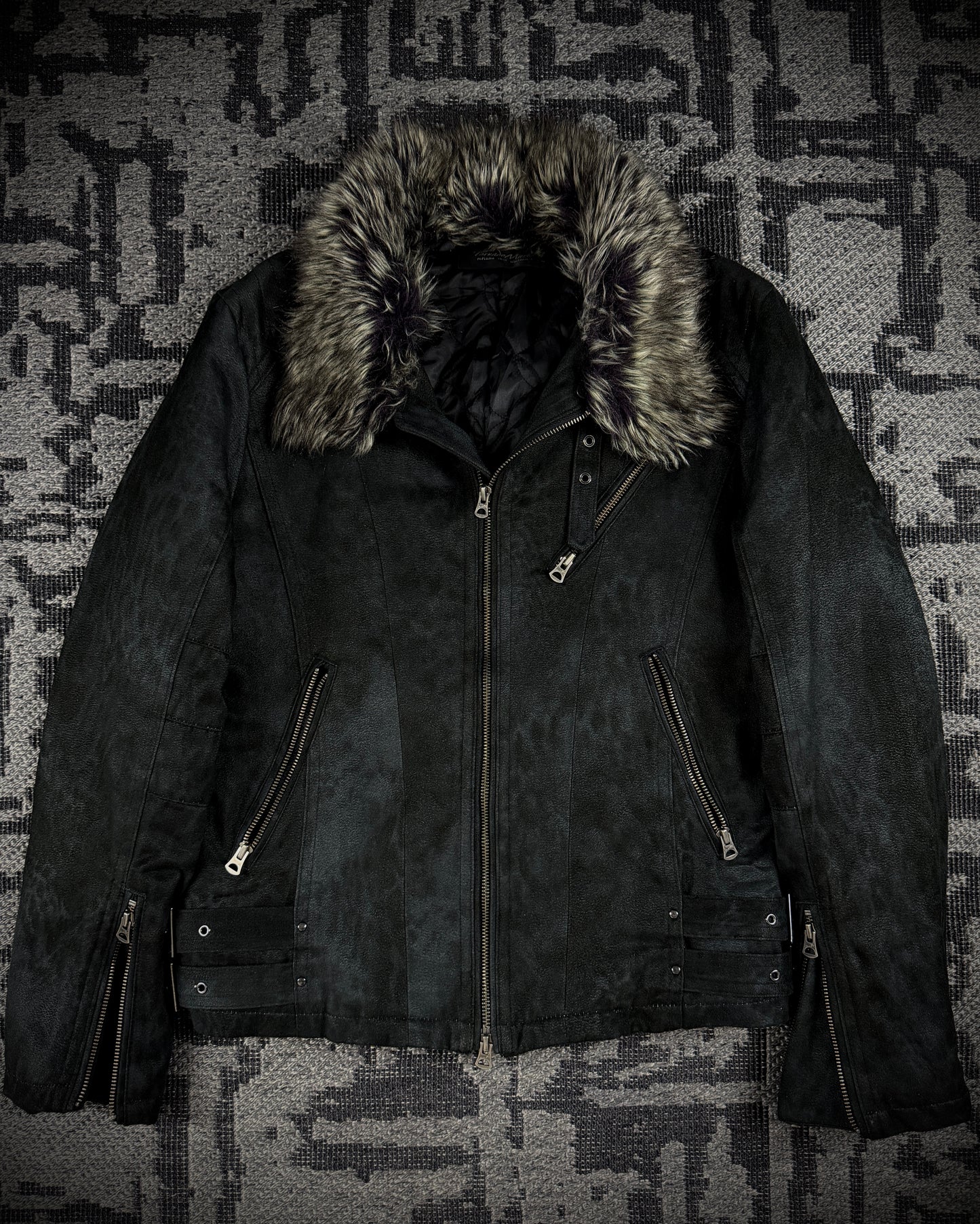Tornado Mart Leopard Washed Black Suede Faux Fur Jacket