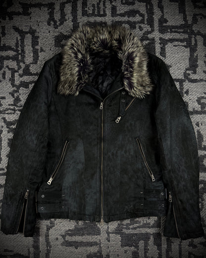 Tornado Mart Leopard Washed Black Suede Faux Fur Jacket