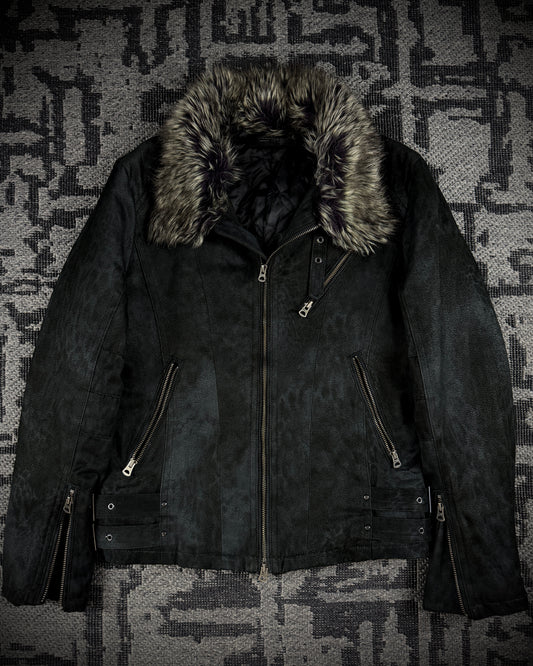 Tornado Mart Leopard Washed Black Suede Faux Fur Jacket