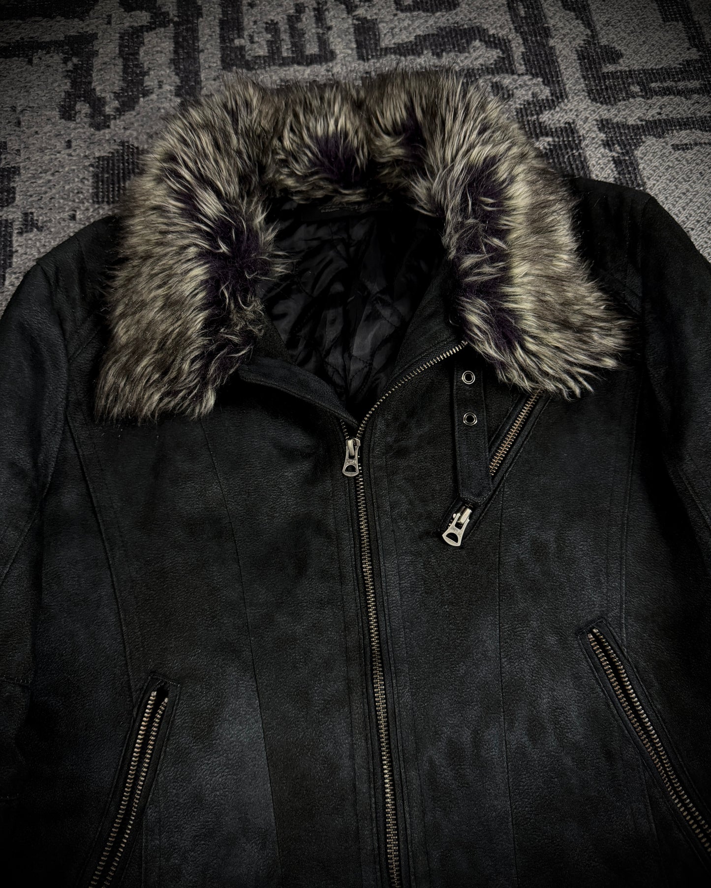Tornado Mart Leopard Washed Black Suede Faux Fur Jacket