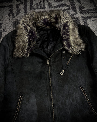Tornado Mart Leopard Washed Black Suede Faux Fur Jacket