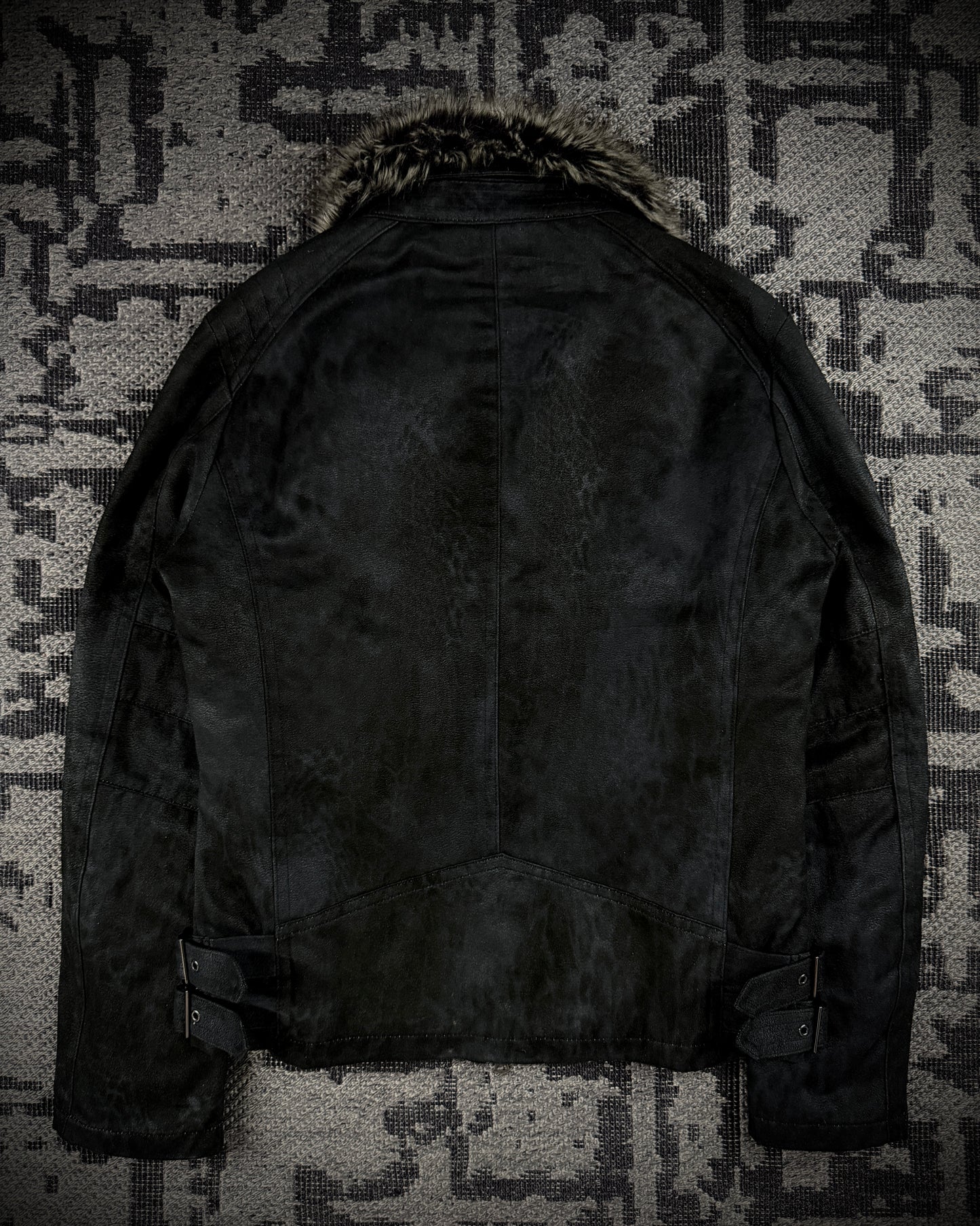 Tornado Mart Leopard Washed Black Suede Faux Fur Jacket