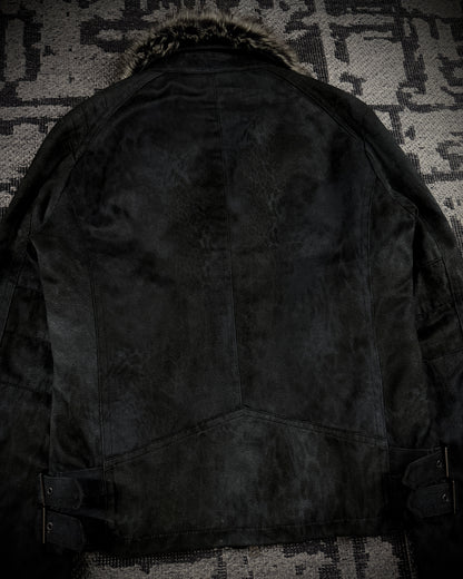 Tornado Mart Leopard Washed Black Suede Faux Fur Jacket