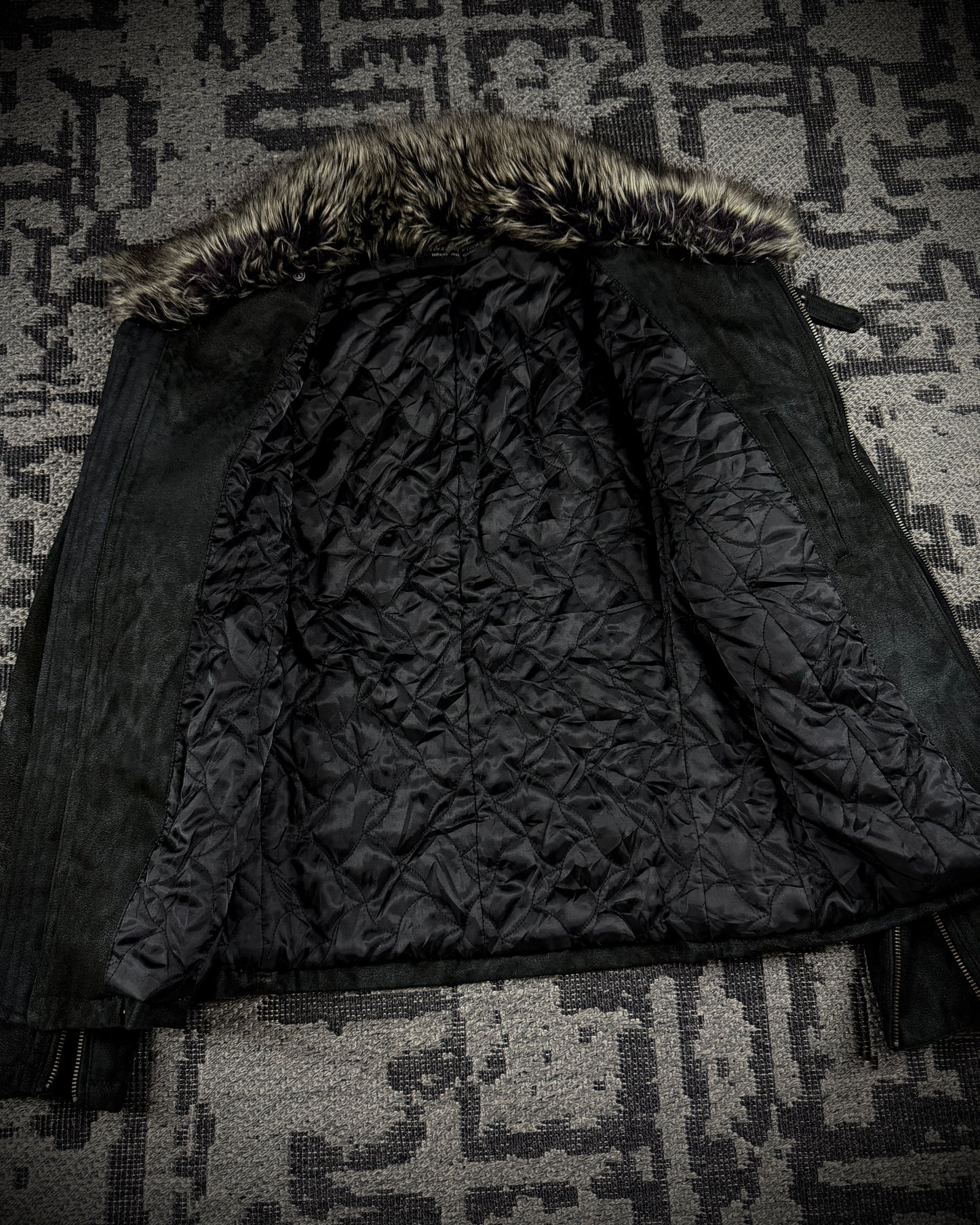 Tornado Mart Leopard Washed Black Suede Faux Fur Jacket