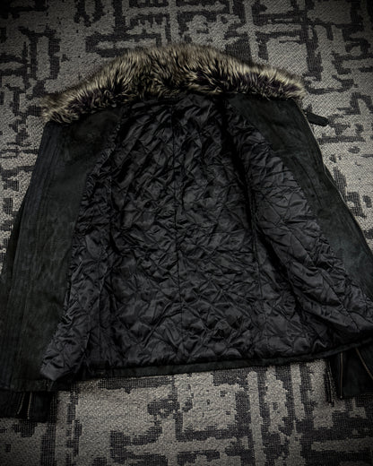 Tornado Mart Leopard Washed Black Suede Faux Fur Jacket