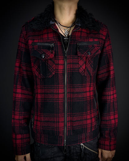 In The Attic Plaid Faux Fur Collar Zip Jacket