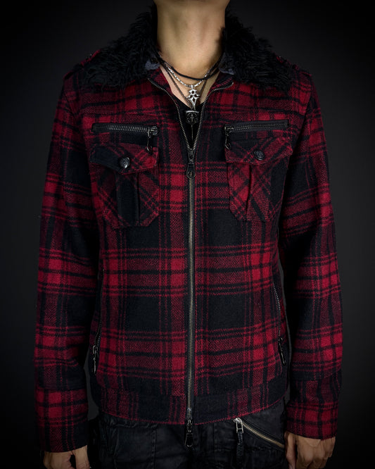 In The Attic Plaid Faux Fur Collar Zip Jacket