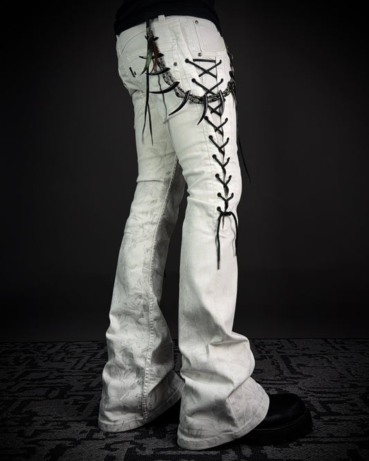 Tornado Mart Thigh Lace-Up Floral Flared Jeans