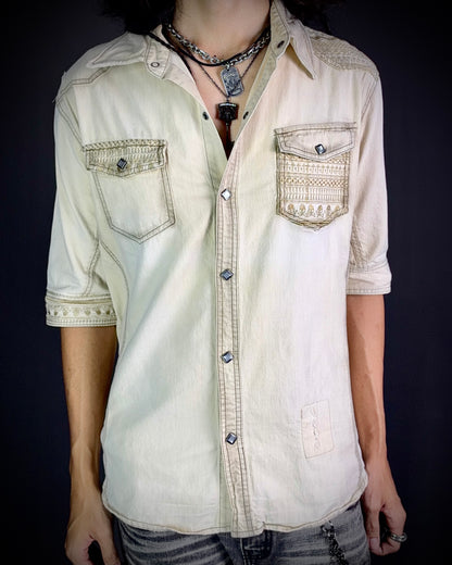 In the Attic Skull Cross Embroidered 3/4 Sleeve Shirt