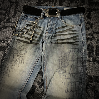 Semantic Design Crocodile Print Black Coated Flared Jeans