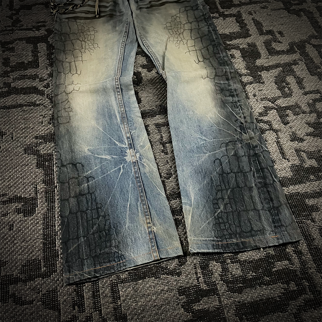 Semantic Design Crocodile Print Black Coated Flared Jeans