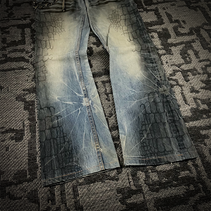 Semantic Design Crocodile Print Black Coated Flared Jeans