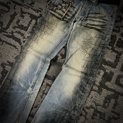 Semantic Design Crocodile Print Black Coated Flared Jeans