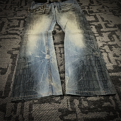 Semantic Design Crocodile Print Black Coated Flared Jeans