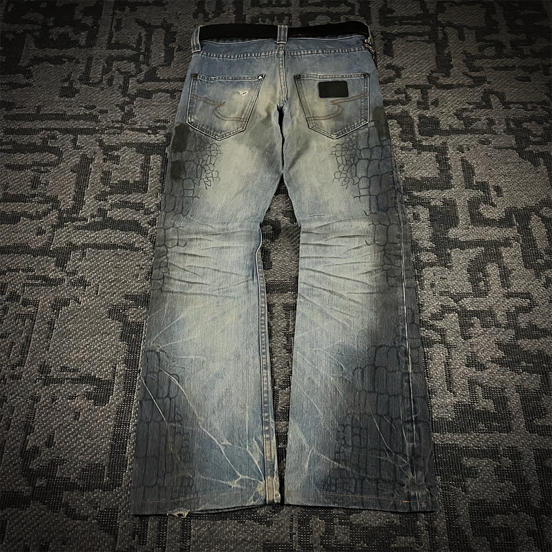 Semantic Design Crocodile Print Black Coated Flared Jeans