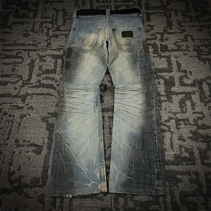 Semantic Design Crocodile Print Black Coated Flared Jeans