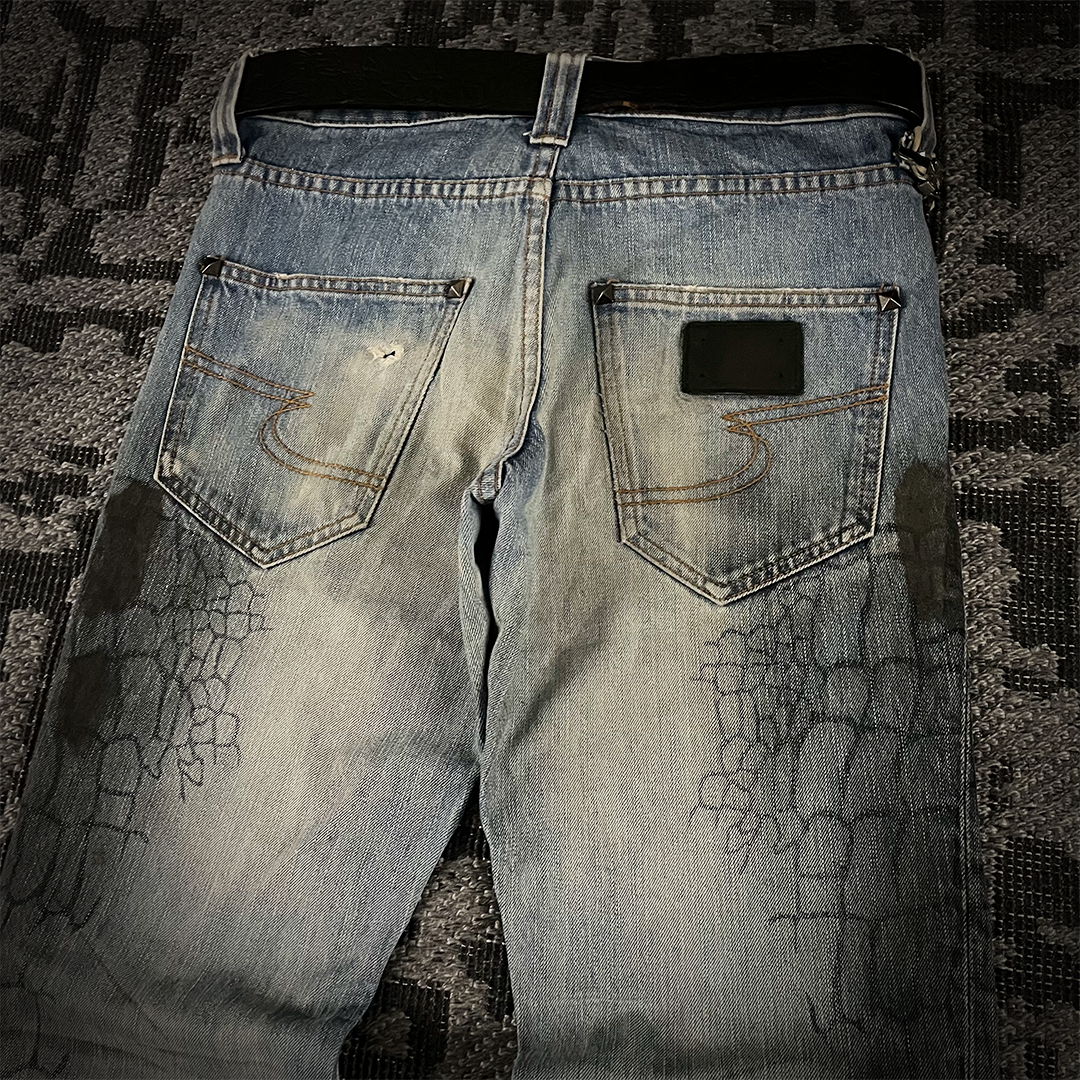 Semantic Design Crocodile Print Black Coated Flared Jeans