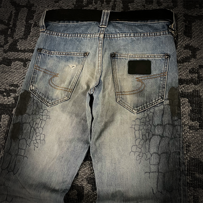 Semantic Design Crocodile Print Black Coated Flared Jeans