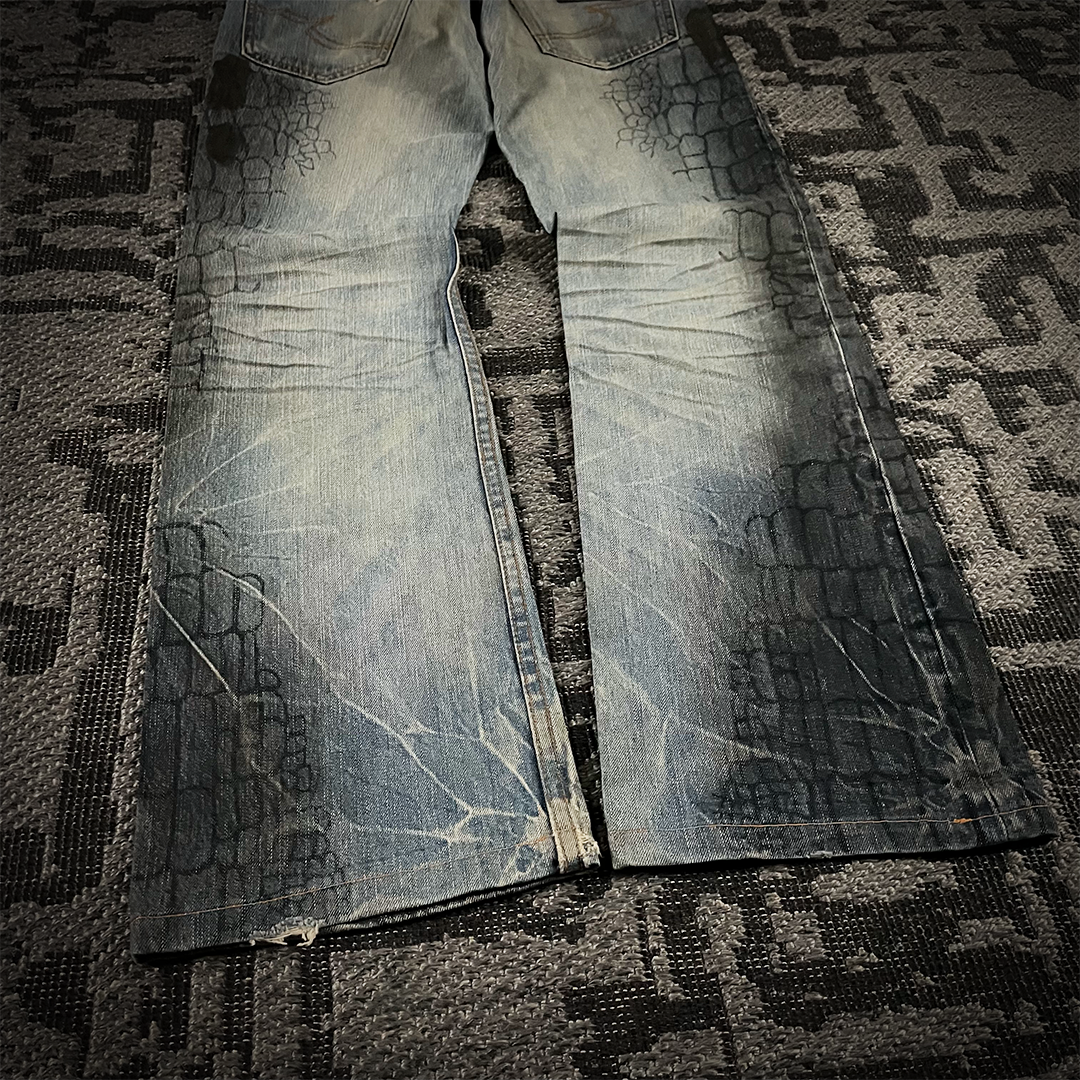 Semantic Design Crocodile Print Black Coated Flared Jeans