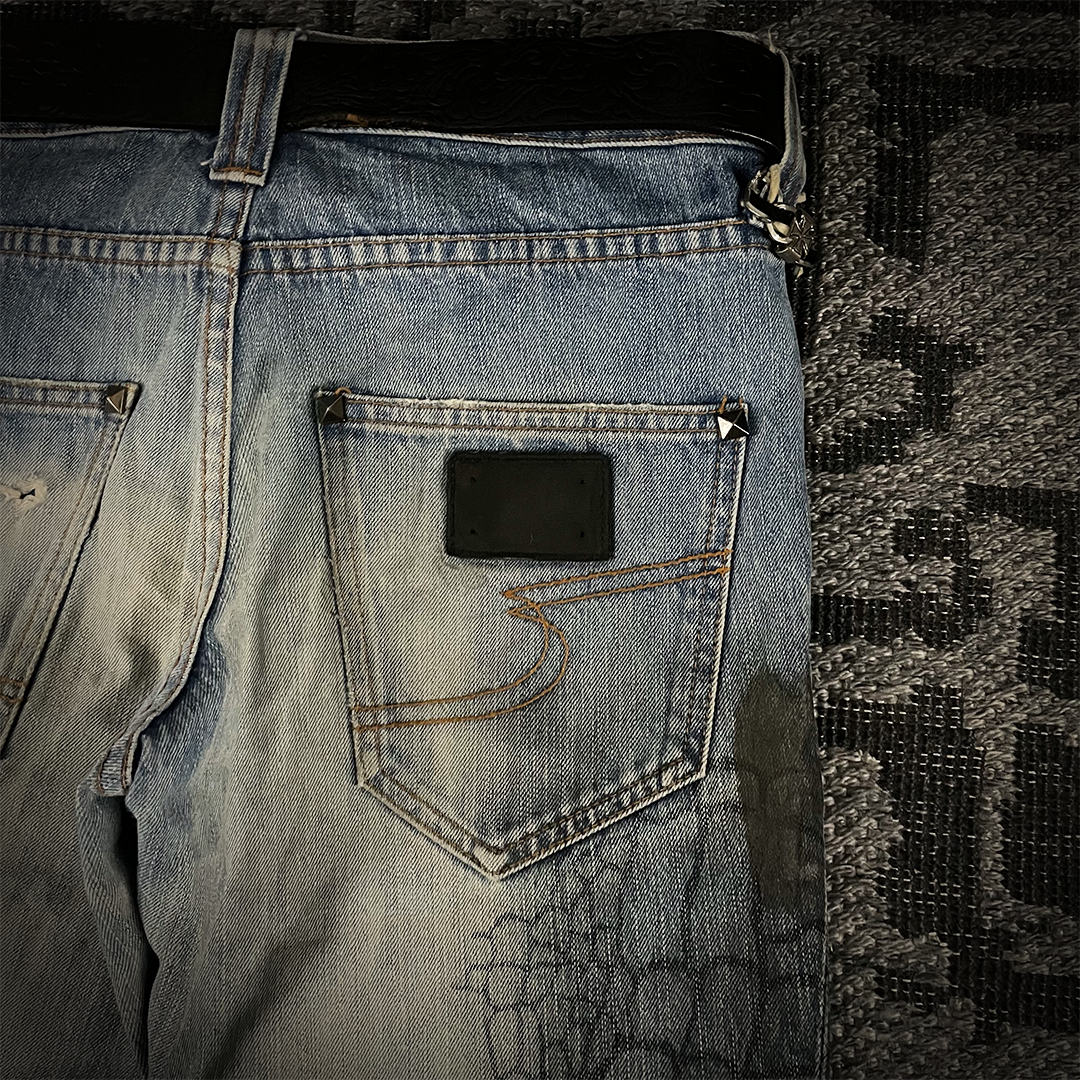 Semantic Design Crocodile Print Black Coated Flared Jeans