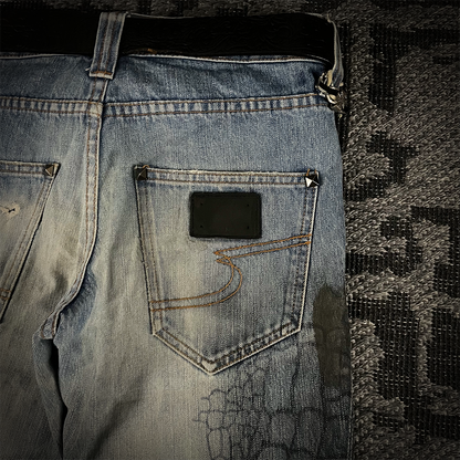 Semantic Design Crocodile Print Black Coated Flared Jeans