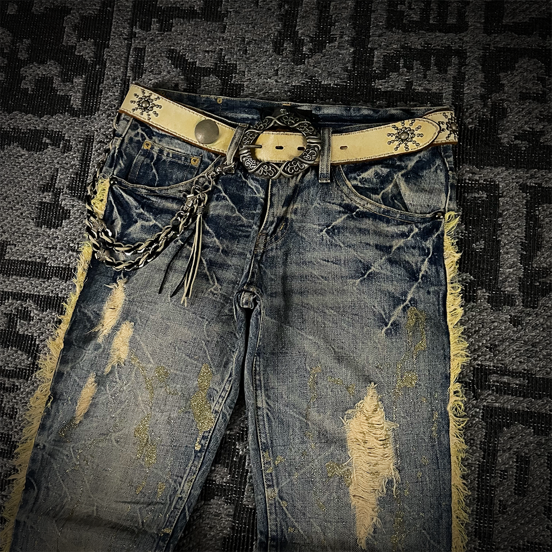 Midas Gold Glitter Splash Distressed Boot Cut Flare Jeans