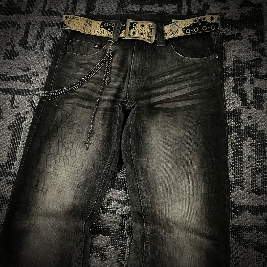 Semantic Design Crocodile Print Black Coated Flared Jeans