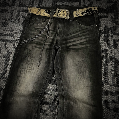 Semantic Design Crocodile Print Black Coated Flared Jeans