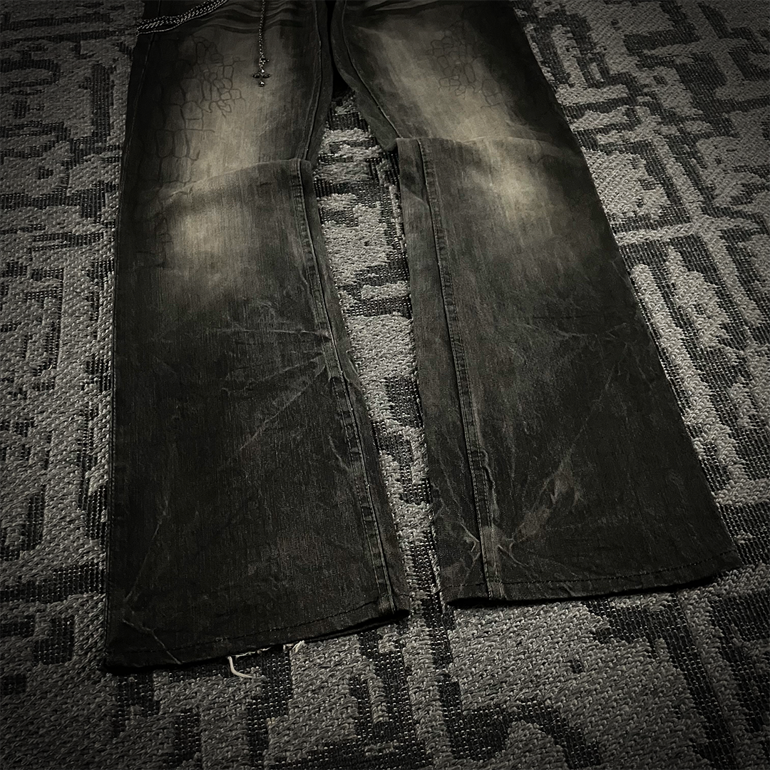 Semantic Design Crocodile Print Black Coated Flared Jeans