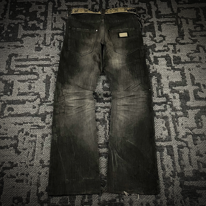 Semantic Design Crocodile Print Black Coated Flared Jeans