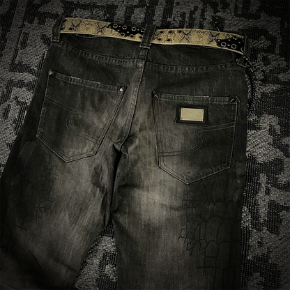 Semantic Design Crocodile Print Black Coated Flared Jeans