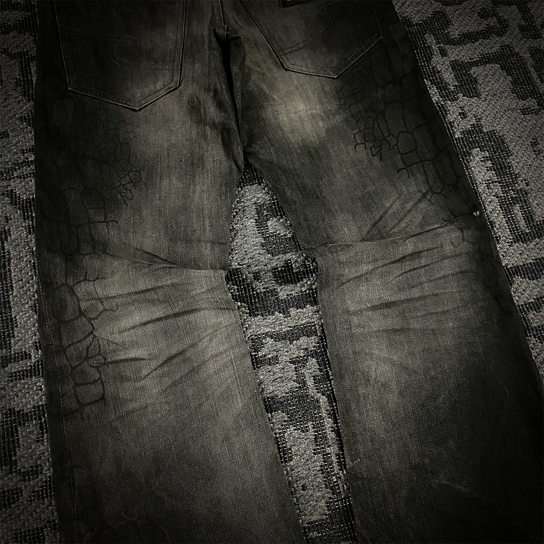 Semantic Design Crocodile Print Black Coated Flared Jeans