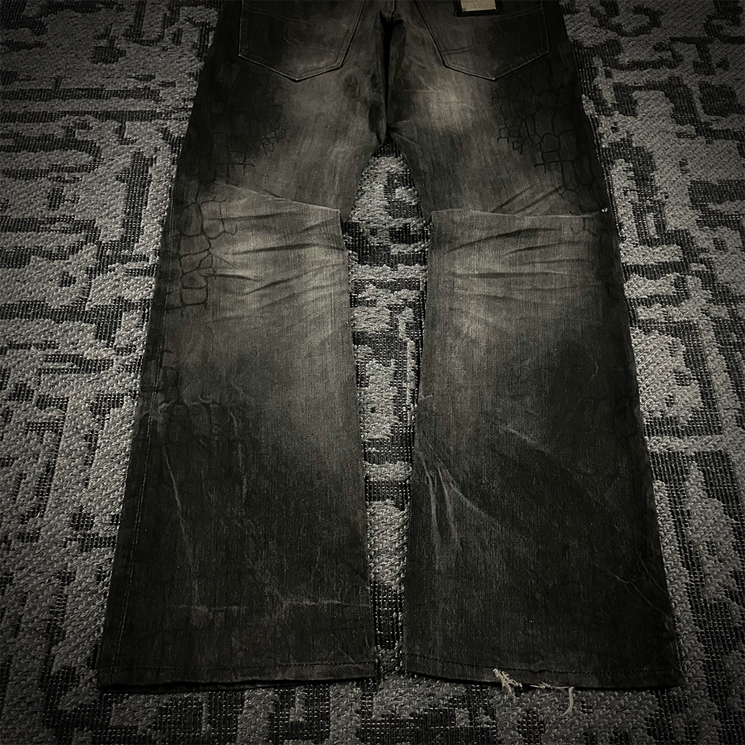 Semantic Design Crocodile Print Black Coated Flared Jeans