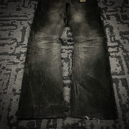 Semantic Design Crocodile Print Black Coated Flared Jeans