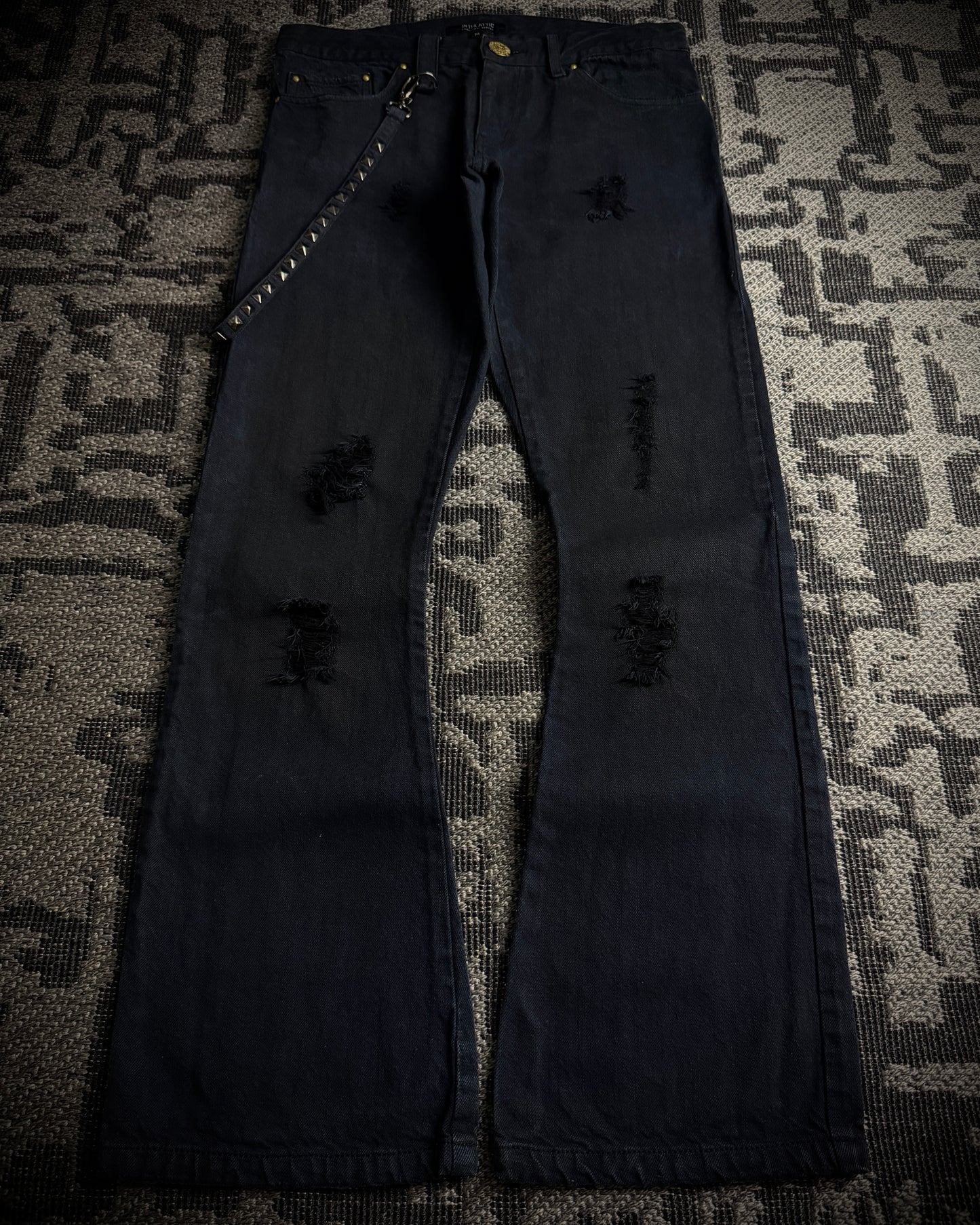 In The Attic Rock Studded Strap Distressed Flare Denim