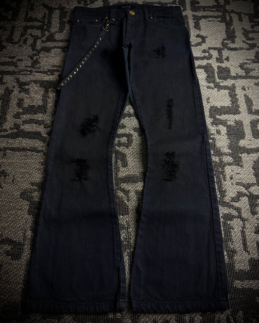 In The Attic Rock Studded Strap Distressed Flare Denim