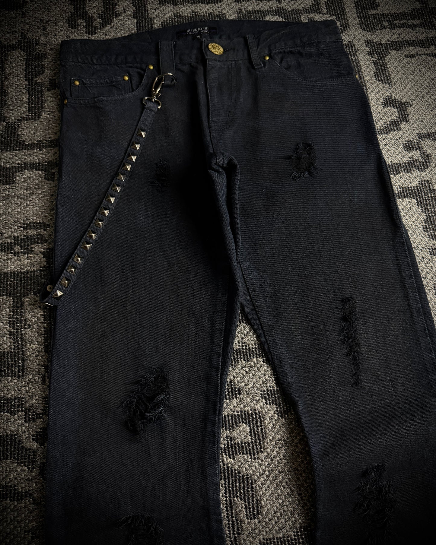 In The Attic Rock Studded Strap Distressed Flare Denim