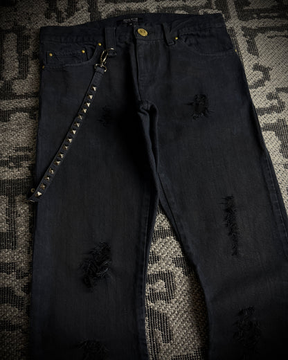 In The Attic Rock Studded Strap Distressed Flare Denim