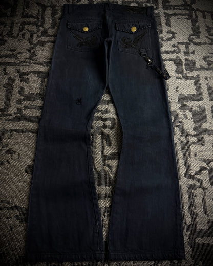 In The Attic Rock Studded Strap Distressed Flare Denim