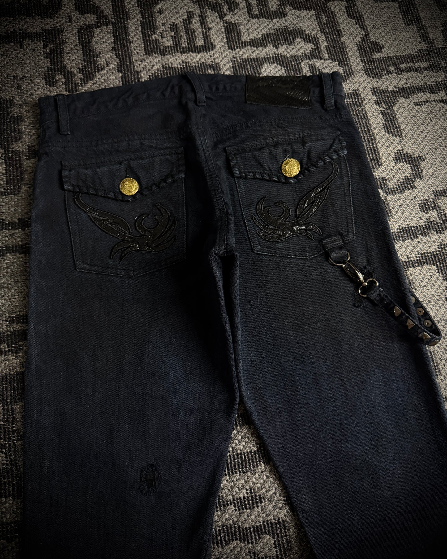 In The Attic Rock Studded Strap Distressed Flare Denim