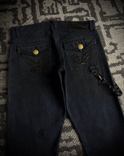 In The Attic Rock Studded Strap Distressed Flare Denim