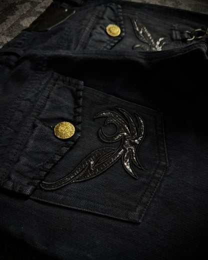 In The Attic Rock Studded Strap Distressed Flare Denim