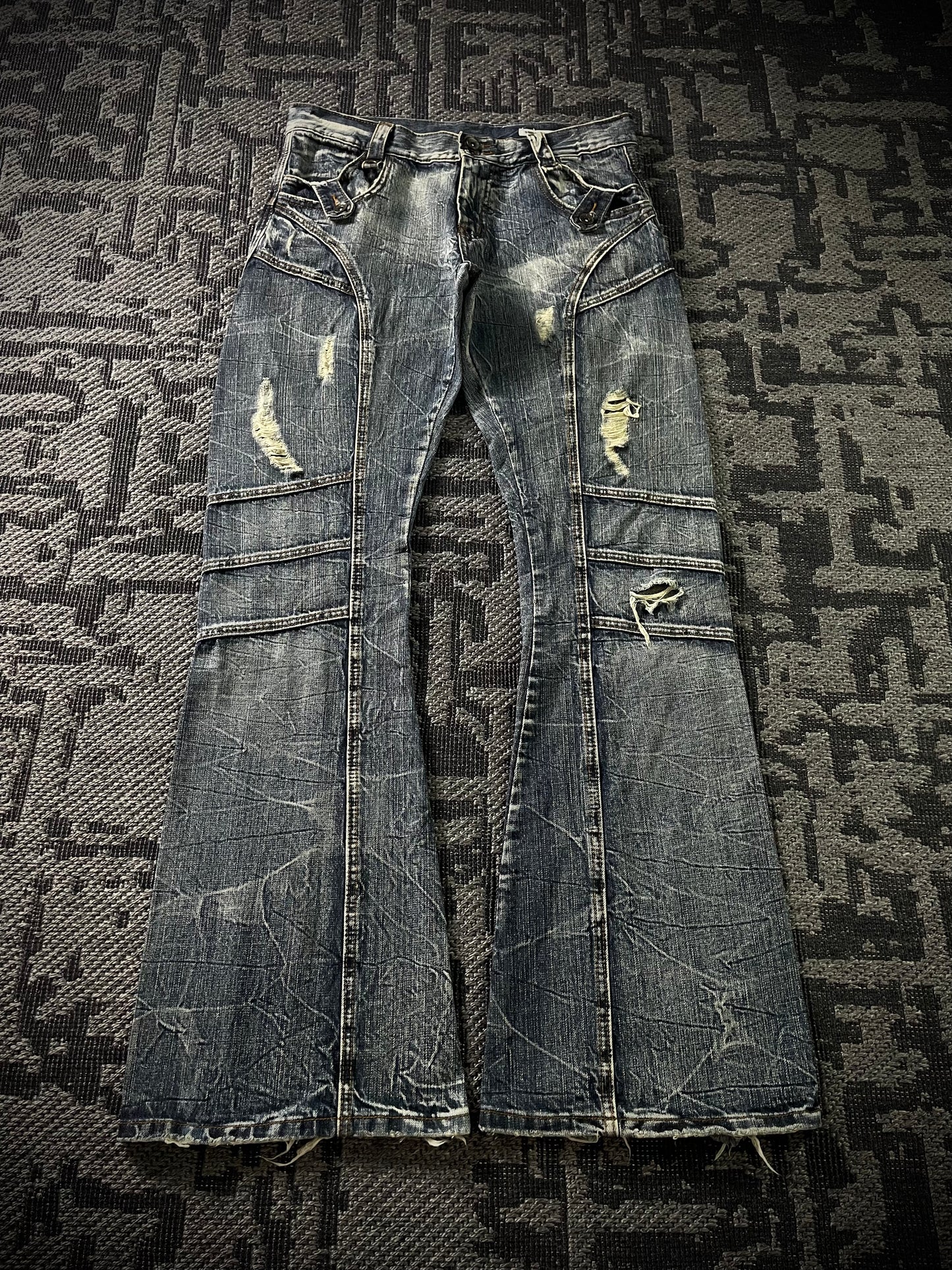 Semantic Design Multi Panel Crinkle Washed Distressed Flared Jeans