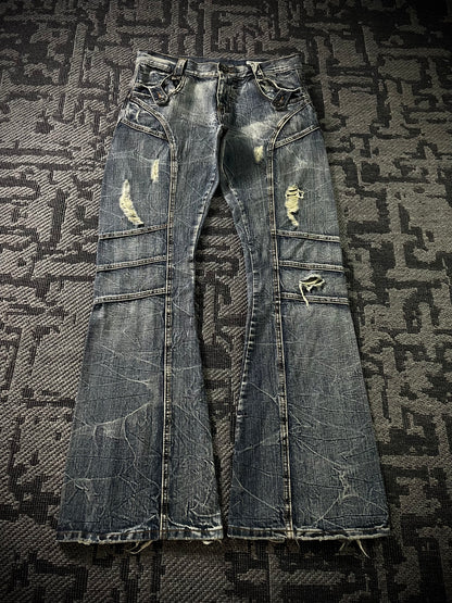 Semantic Design Multi Panel Crinkle Washed Distressed Flared Jeans