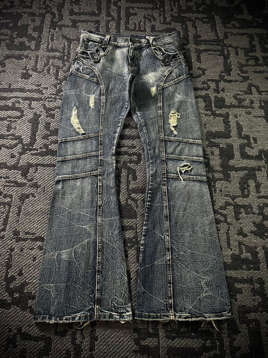 Semantic Design Multi Panel Crinkle Washed Distressed Flared Jeans