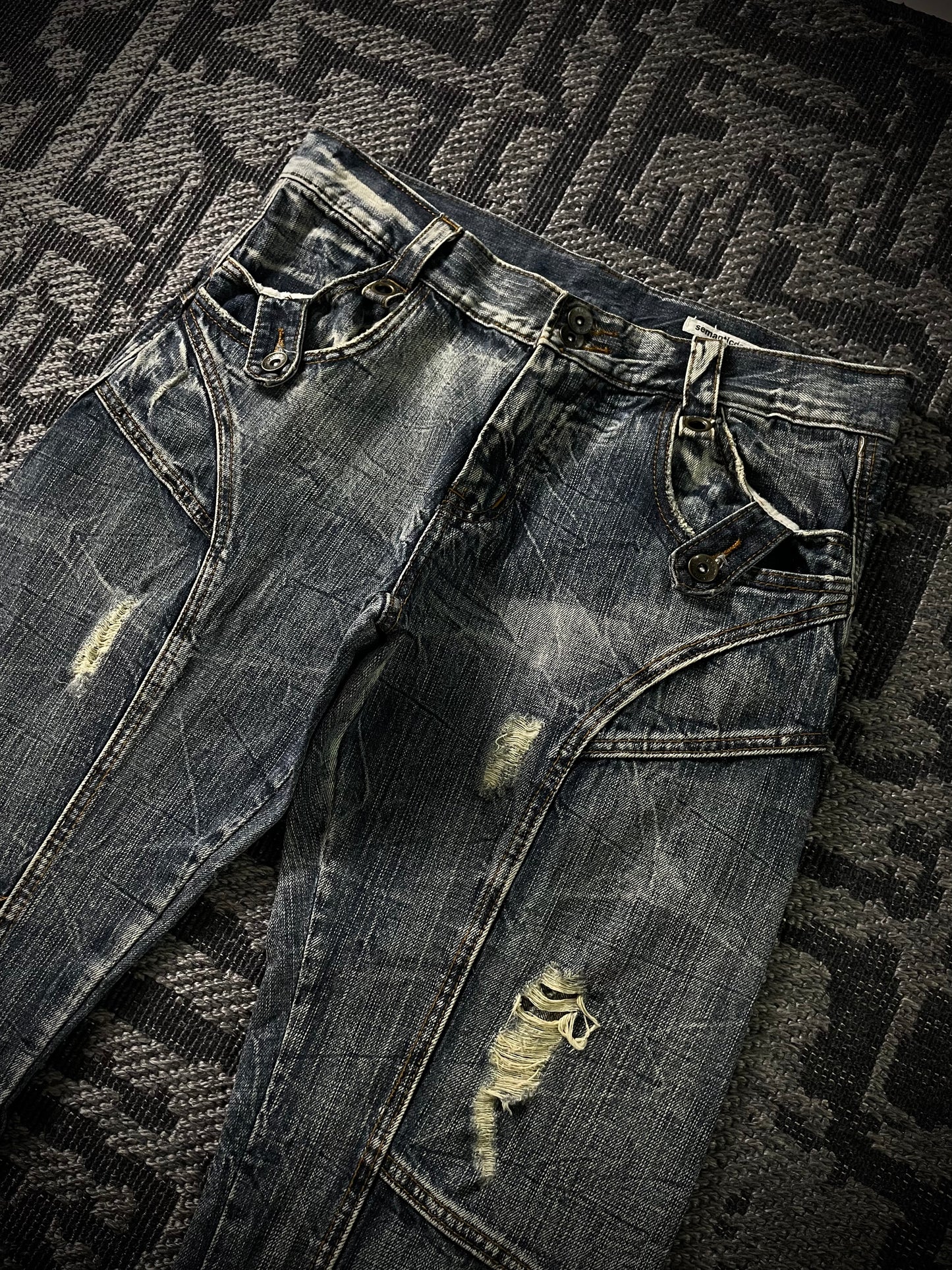 Semantic Design Multi Panel Crinkle Washed Distressed Flared Jeans