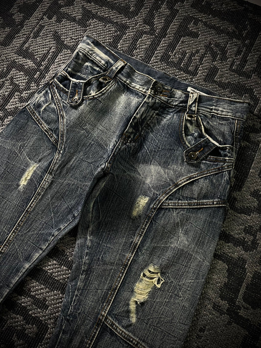 Semantic Design Multi Panel Crinkle Washed Distressed Flared Jeans