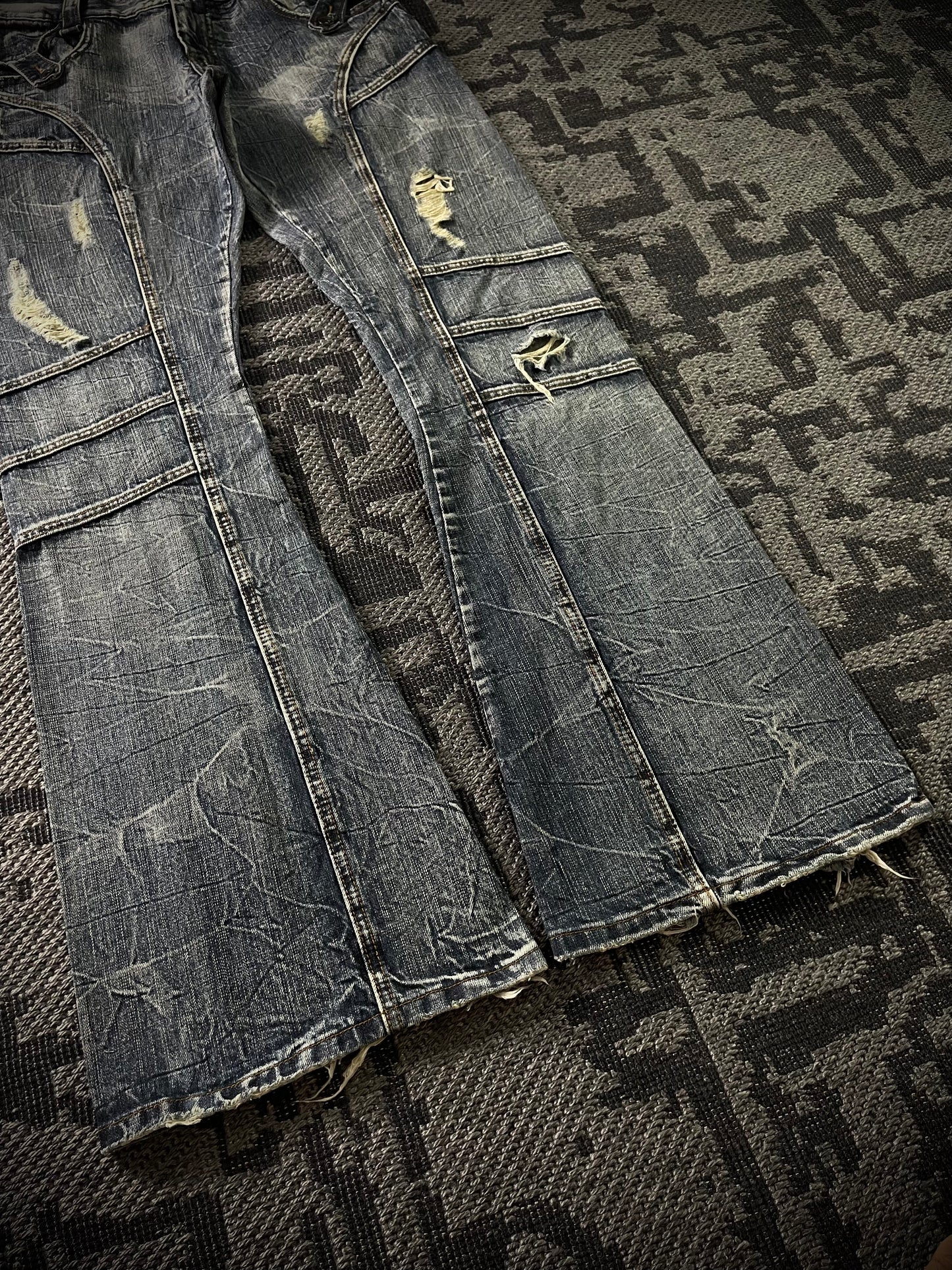 Semantic Design Multi Panel Crinkle Washed Distressed Flared Jeans